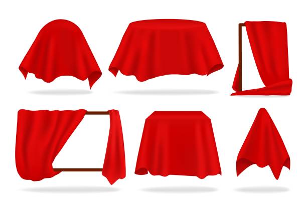 istock Red silk cover. Realistic covered objects with cloth draped or reveal curtain, red napkin or tablecloth. Vector 3D isolated set 1270967060