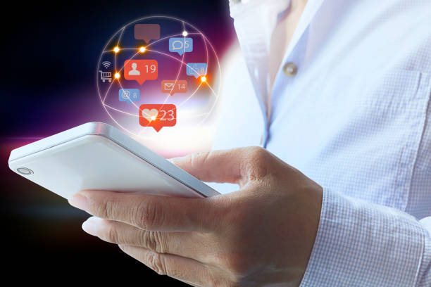istock Digital marketing media (website ad, email, social network, SEO, Chart, mobile app) using on smartphone concept with graphic icon multichannel online 1270968853