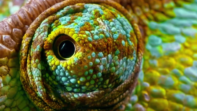 An extreme close-up of a Chameleon's eye moving around