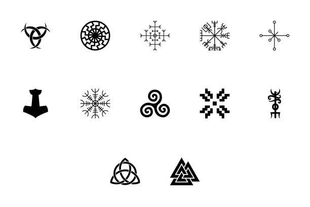 скандинавские символы и культура черный цвет установить твердый образ стиля - celtic style celtic culture tied knot pattern stock illustrations