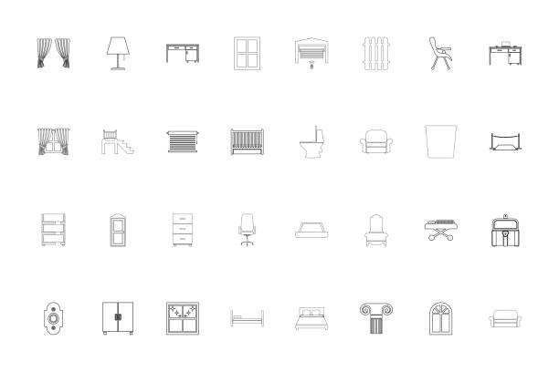 Furniture black color set outline style image Furniture black color set outline style vector illustration roll a door stock illustrations