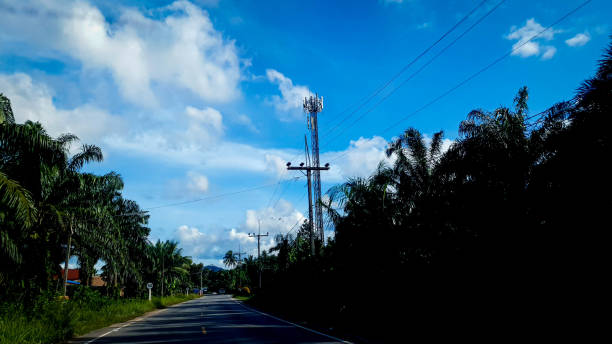 istock electric pole along the road with sign pole and communicate tower. 1270971331