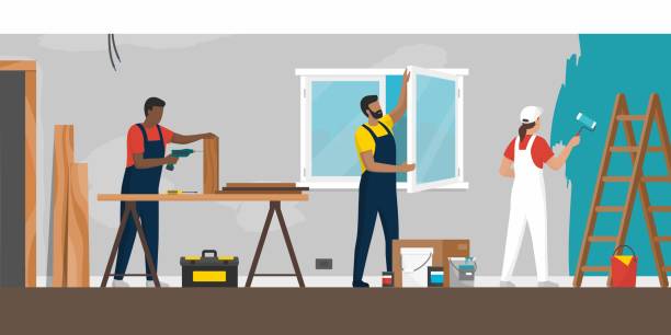 ilustraciones, imágenes clip art, dibujos animados e iconos de stock de contratistas profesionales que trabajan en una renovación de la vivienda - window installing repairing construction