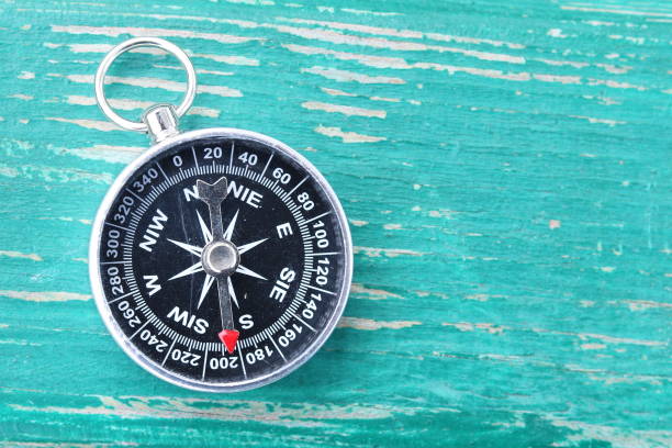 istock Classic round compass on green wooden vintage background 1270972415