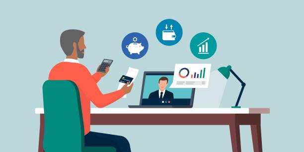 Senor man videocalling his financial consultant online Senior man videocalling his financial consultant online and receiving financial advices retirement planning advisor stock illustrations