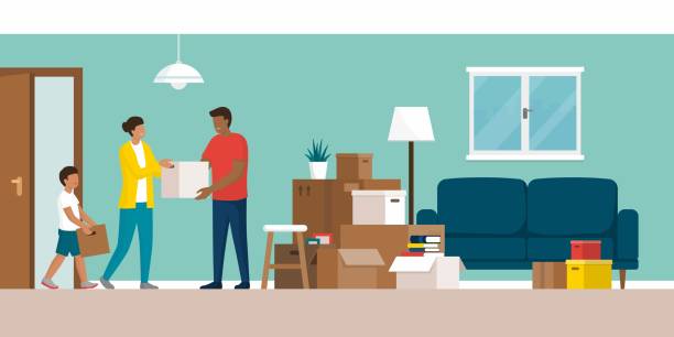 Happy family moving in their new home Happy family moving in their new home and carrying boxes inside, home relocation concept belongings stock illustrations