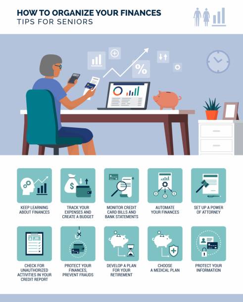 How to organize your finances, tips for seniors How to organize your finances: financial management tips for seniors, infographic with icons set retirement plan document stock illustrations