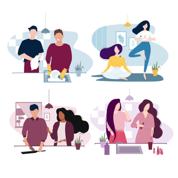 Set of diversity couples, daily life. Happy family is cooking in the kitchen. Two guys wash dishes in the kitchen. Women brush their teeth in the bathroom Friends are doing yoga at home. Isolated vector at home black man brushing teeth stock illustrations