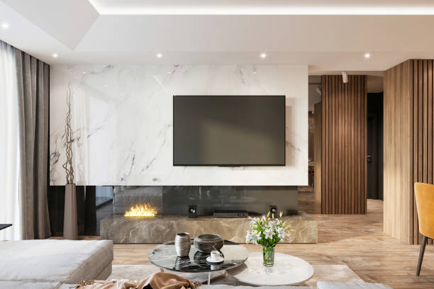 interno moderno del soggiorno dell'appartamento - home decorating living room luxury fireplace foto e immagini stock