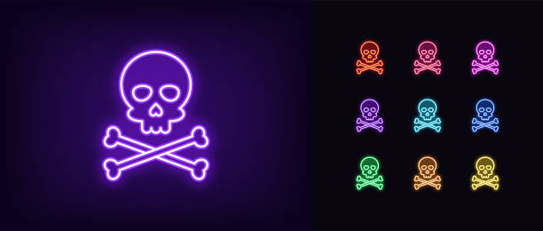 neon jolly ikona roger. świecąca neonowa czaszka z skrzyżowanymi kośćmi, głowa szkieletu - rick stock illustrations