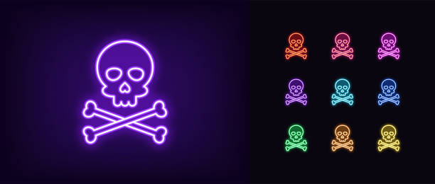 ilustrações, clipart, desenhos animados e ícones de ícone de neon jolly roger. crânio de neon brilhante com ossos cruzados, cabeça de esqueleto - rick