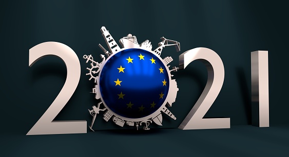 Circle with sea shipping and travel relative silhouettes. Objects located around the circle. Industrial design background. European Union flag in the center. 2021 year number. 3D rendering