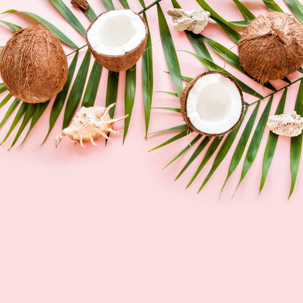 istock Pattern, texture with coconuts and tropical palm leaves on pink background. Tropical abstract background. Flat lay, top view 1270979271