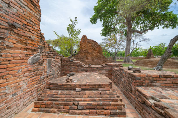 Old ruins of a temple in Phra Nakhon Si Ayutthaya province near Bangkok, Thailand. An old buddha statue in ancient temple. Famous tourist attraction landmark. History of Thai architecture. antiguas ruinas de un templo en la provincia de phra nakhon si ayutthaya, cerca de bangkok, tailandia. una antigua estatua de buda en el antiguo templo. famoso punto de referencia de la atracción turística. historia de la arquitectura tailandesa.