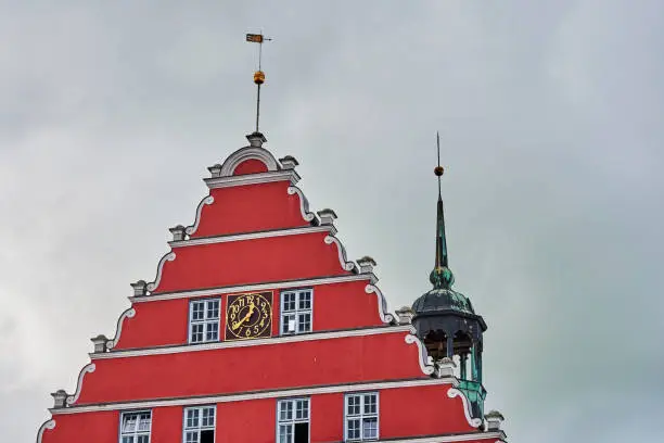 Facades on the historic market square of the Hanseatic city of Greifswald, Germany.