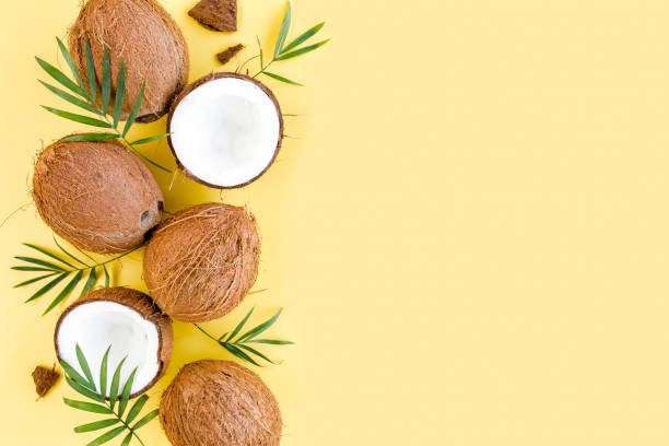 Pattern with coconuts and tropical palm leaves on yellow background. Tropical abstract background. Flat lay, top view
