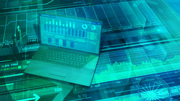istock Business background with laptop and big stock trading data. 1270984379