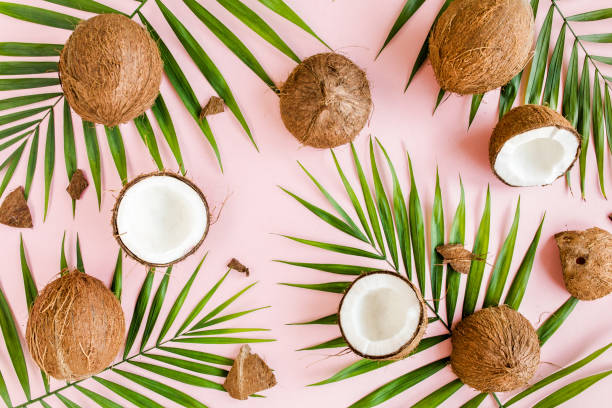 istock Pattern, texture with coconuts and tropical palm leaves on pink background. Tropical abstract background. Flat lay, top view 1270985272