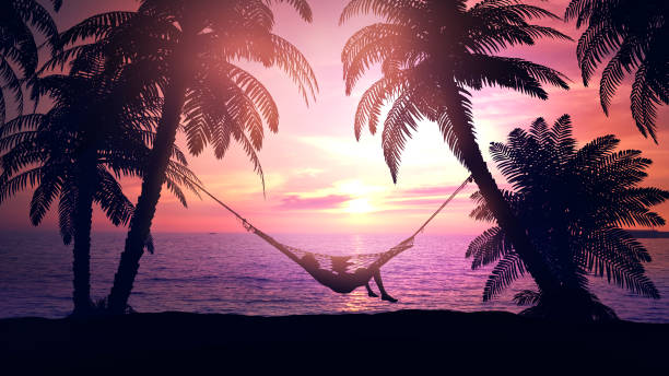 Relax in a hammock on the beach during sunset. stock photo