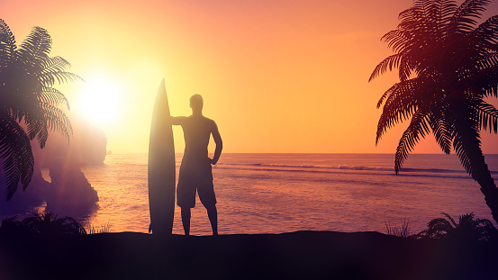 Back, surfing and sunset with a sports man in the ocean during summer for hobby, leisure or recreation. Surf, sea and nature with a male athlete or surfer walking into the water for health or fitness