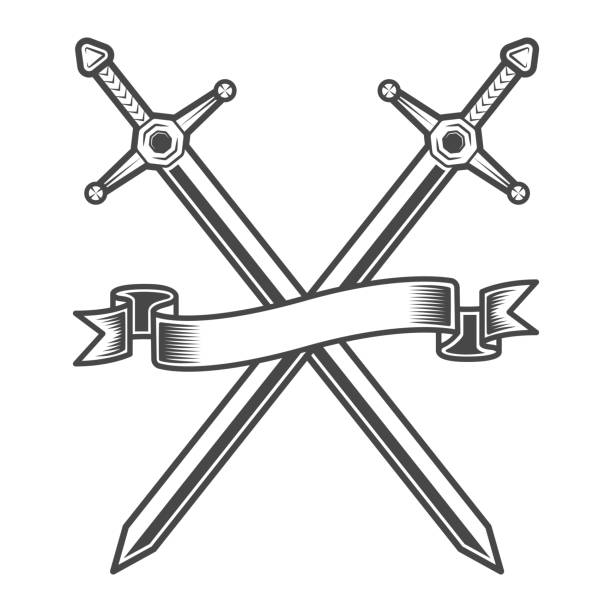 ilustraciones, imágenes clip art, dibujos animados e iconos de stock de vintage espadas medievales caballero cruzado con cinta en estilo monocromo ilustración vectorial aislada - templarios