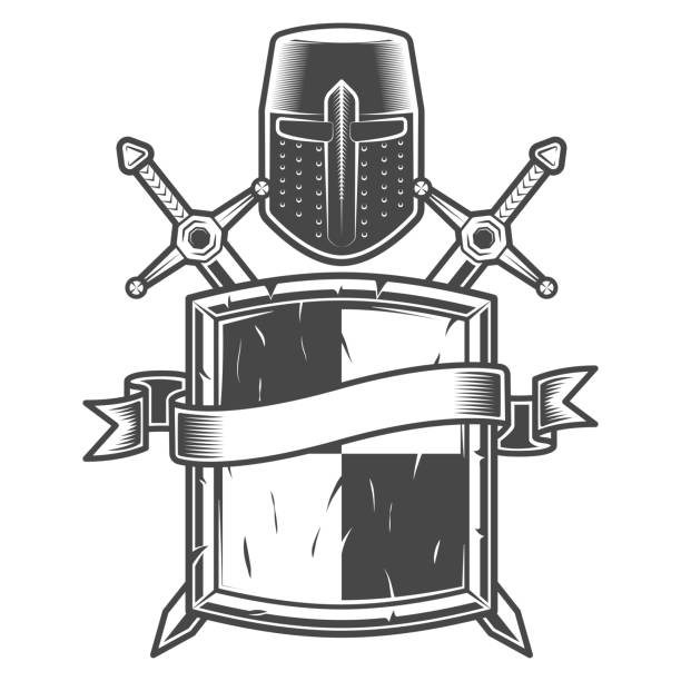 ilustraciones, imágenes clip art, dibujos animados e iconos de stock de emblema de caballero medieval vintage. espadas de escudo del casco cruzado e ilustración vectorial aislada de cinta - templarios