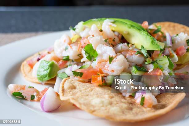 Plate Of Shrimp Tostada Stock Photo - Download Image Now - Seviche, Salad, Seafood