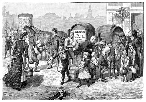 City administration of Hamburg Germany distributing boiled water at cholera outbreak.
The 1892 outbreak in Hamburg, Germany was the only major European outbreak; about 8,600 people died in that city.
Original edition from my own archives
Source : 