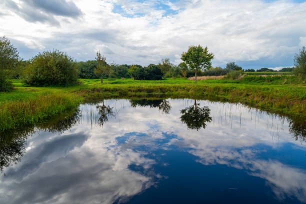 Photos  of a small pond between fields in northern Germany with a relatively clear reflection on a cloudy day