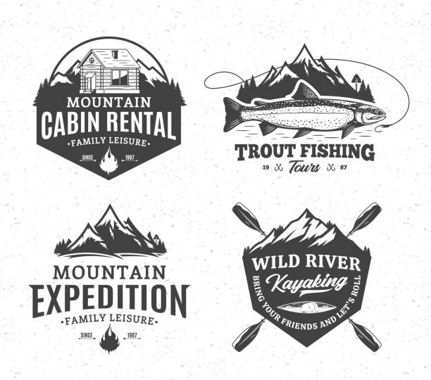 Vector active recreation, tourism and mountains adventures badges design Vector mountain and outdoor active recreation and tourism badges. Mountain travel, cabin rental, kayaking and fishing illustrations summer camp cabin stock illustrations