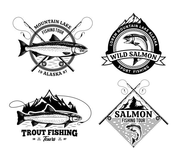 satz von vektor-fischerei-logo, abzeichen und design-elemente - catch of fish sport black and white activity stock-grafiken, -clipart, -cartoons und -symbole