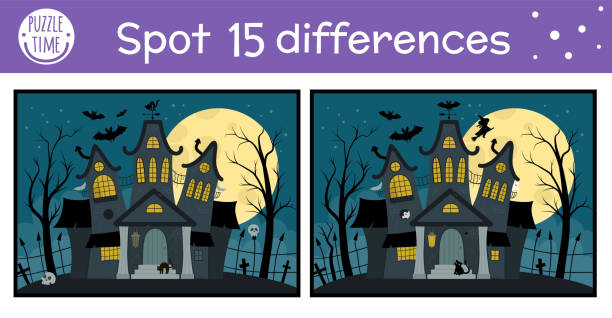 Halloween Find Differences Game For Children Autumn Educational Activity  With Funny Haunted House Printable Worksheet With Spooky Cottage Cute All  Saints Day Scene Stock Illustration - Download Image Now - iStock
