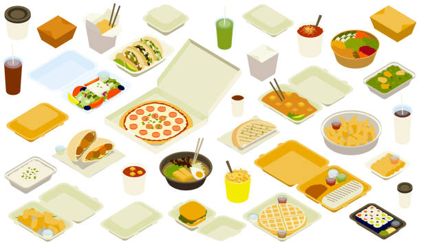 Vegetarian Takeout Delivery Icons 25+ spot illustrations of vegetarian and vegan meals — packaged for takeout or delivery — are presented in isometric view, in this richly-detailed icon set. Items include a Poke or Bibimbap Bowl, Vegetarian Chili, Matcha Frappe, Bean Tacos, Lo Mein Noodles, Saag Paneer, Tofu Pad Thai, Pizza, Greek Salad, Iced Coffee, Cola, Flatbread or Naan, Hot Chocolate, Falafel Sandwich on a Pita, French Fries, Spring Rolls, Burrito, Mac and Cheese, Ramen, Jasmine Rice, Latte, Vegetarian Sushi, Veggie Burger or Black Bean Burger, and Jalapeño Poppers or Stuffed Jalapeños, along with a number of closed cartons, boxes, and packages you can use to communicate other foods. pad thai stock illustrations