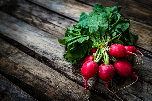 Food backgrounds: fresh organic radish bundle shot on rustic wooden table. The composition is at the right of an horizontal frame leaving useful copy space for text and/or logo at the left. Predominant colors are red, green and brown. High resolution 42Mp studio digital capture taken with Sony A7rII and Sony FE 90mm f2.8 macro G OSS lens