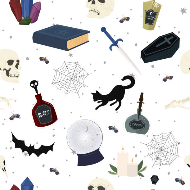 ilustrações de stock, clip art, desenhos animados e ícones de seamless pattern with mystic and halloween elements, coffin, skull, spider web, crystal ball, black cat, bat,  knife. - bat halloween spider web spooky