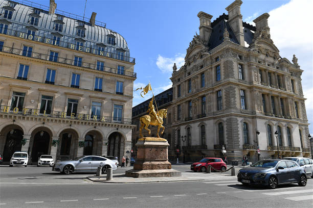 Place des Pyramides, Paris, France. Paris, France-09 06 2020:The equestrian statue of the French heroine Joan of Arc (1412 - 1431), which is prominently located in the Place des Pyramides near the Louvre in Paris. place des pyramides stock pictures, royalty-free photos & images