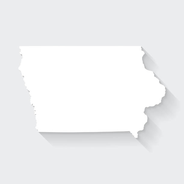 Iowa map with long shadow on blank background - Flat Design White map of Iowa isolated on a gray background with a long shadow effect and in a flat design style. Vector Illustration (EPS10, well layered and grouped). Easy to edit, manipulate, resize or colorize. des moines silhouette stock illustrations