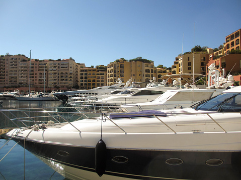 Monaco, Europe - August 2013: Line of luxury motor yachts in one of the marinas in Monaco
