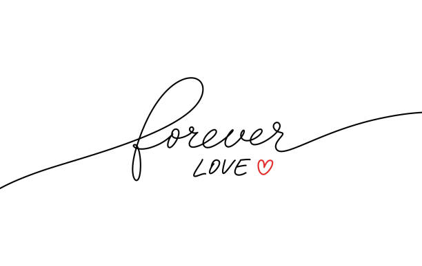 Forever love handwritten romantic quote. Modern linear calligraphy with heart. Forever love handwritten romantic quote. Modern linear calligraphy with heart. Elegant postcard to Valentines day, wedding print. Vector lettering for t shirt, banner, greeting cards, invitations. couple tattoo quotes stock illustrations
