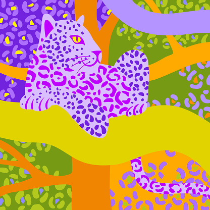 Leopard lying on a tree branch looking left. Vector wildlife illustration. Wild animal background in trendy flat cartoon design.