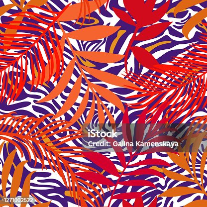 istock Botanical seamless pattern mixed with tiger zebra stripes skin texture. Hand drawn fantasy exotic sprigs and leafage. Floral background made of herbal foliage leaves for fashion, textile, fabric. 1271002522