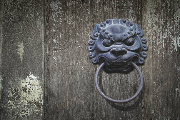 istock Chinese Style Lion Head Door Handle on Wood Background 1271002775