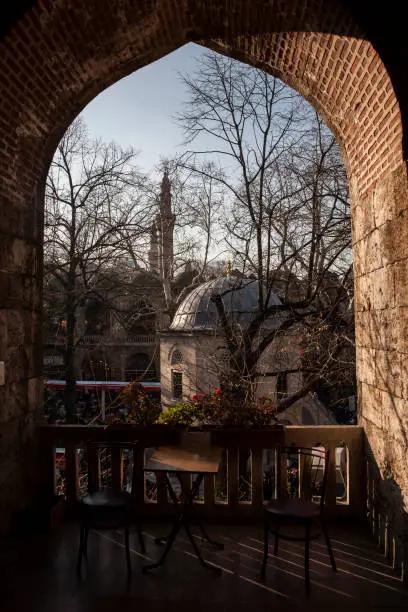 "Koza Han" Caravanserai in Bursa old history touristic silk bazaar and fountain. Daily life in old city center Bursa