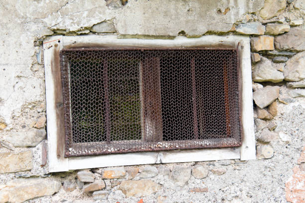 Outdoor view of a window of a pantry with wire mesh on an 300 years old farmhouse.