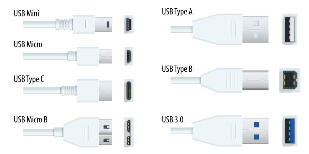 평면 흰색 usb 유형 포트 플러그는 사실적인 커넥터로 설정된 케이블에 연결됩니다. 커넥터 및 포트. usb 타입 a, b형, c형, 마이크로, 미니, 마이크로b 타입 3.0 - usb cable illustrations stock illustrations