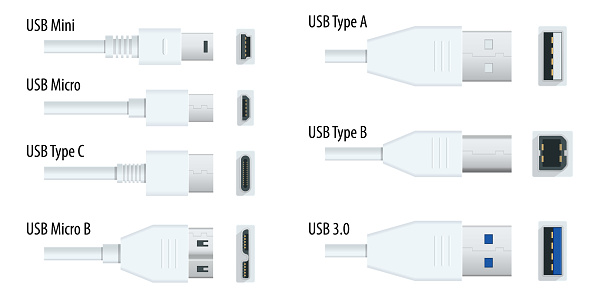 Flat white usb types port plug in cables set with realistic connectors. Connector and ports USB type A, type B, type C, Micro, Mini, MicroB and type 3.0