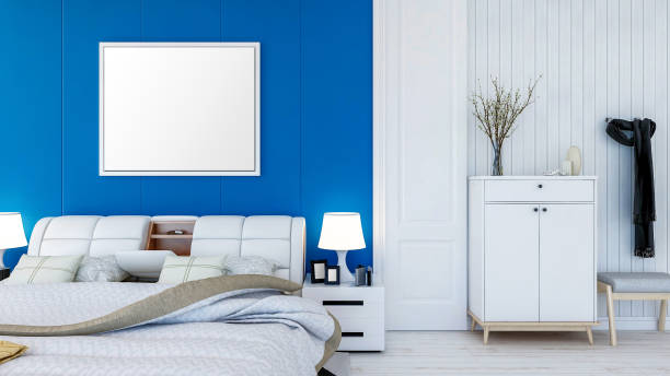 istock Blank empty photo frame on bedroom wall for mock up, 3D Rendering 1271008144