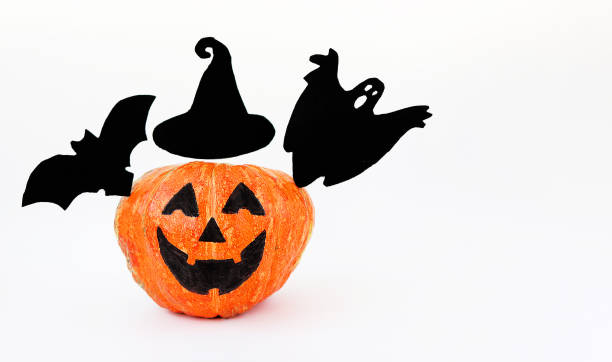 istock Funny pumpkin, hat, Ghost, bat. Halloween decorations. Happy Halloween holiday concept. The layout of the greeting card. Copy space 1271008185