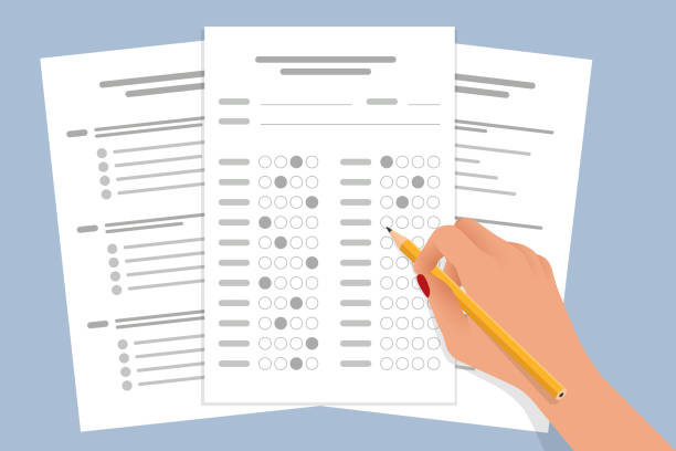 The student filling out answers to exam test answer sheet with a pencil. School and Education. Test score sheet with answers vector art illustration