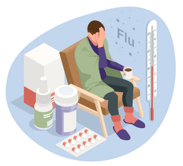 illustrations, cliparts, dessins animés et icônes de homme malade avec des symptômes de grippe. - serviette autour du cou